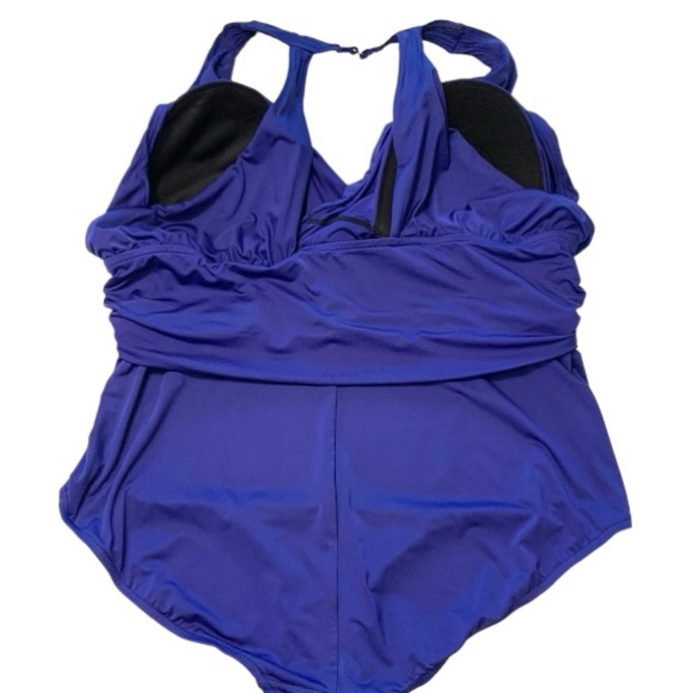 BADGLEY MISCHKA Mío Plunge Midnight Blue Shirred Waist 1 pc Swim Sz 18 - Picture 4 of 13